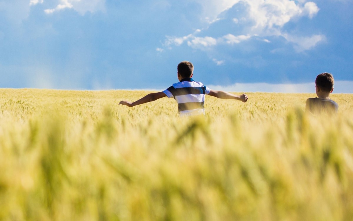 Two young boys run through a field of long grasses with their arms outstretched, above them large fluffy clouds fill the sky.