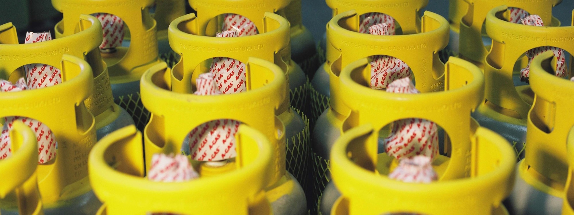 Rows of Recovery cylinders lined up, they have yellow cylinder tops