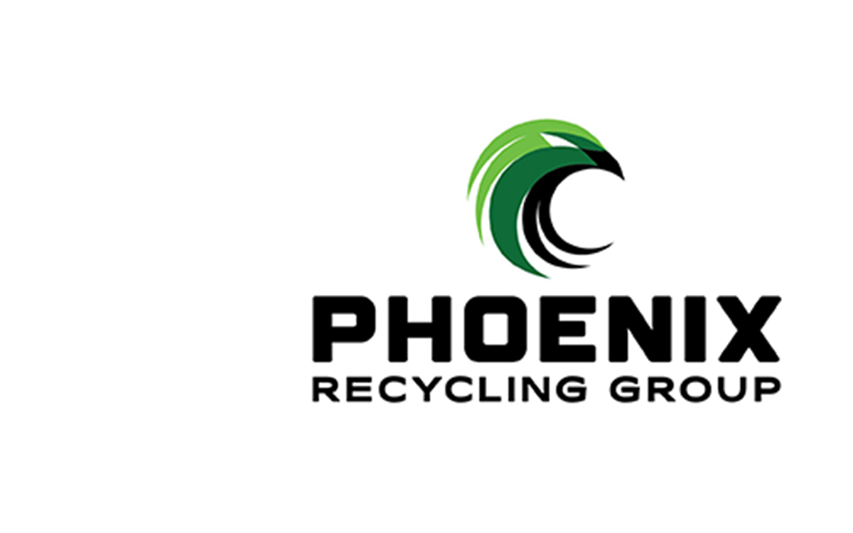 A logo for the Phoenix Recycling Group with a graphic of a green bird and black text 